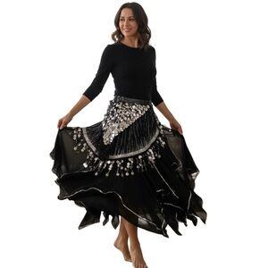 Assymetric Full Flounce Plisse Dance Midi Skirt Chiffon Faux Coins Medium NWOT